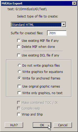 Export dialog\: choose ’Save Using mif2go...’ from FrameMaker File menu. Mif2Go Export dialog
