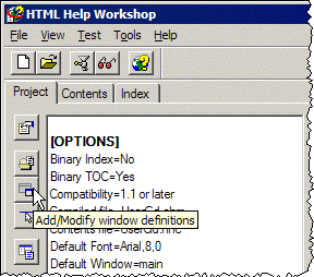’Add/Modify window definitions’ button requires opening a project first. HTML Help Workshop Project tab toolbar
