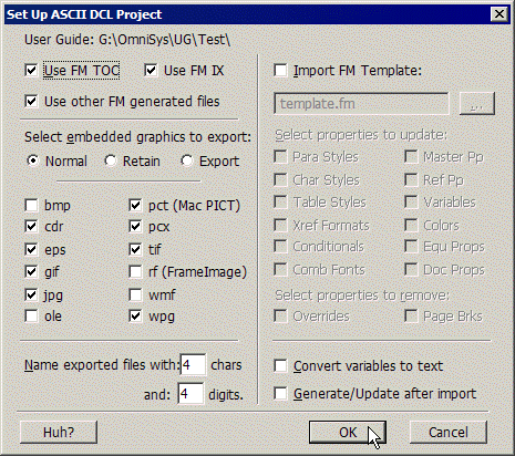 Set Up ASCII DCL\: choose ASCII DCL for a new project. Set Up ASCII DCL Project dialog