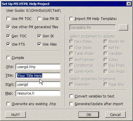 Set Up MS HTML Help Project\: choose MS HTML Help for a new project. Set Up MS HTML Help Project dialog