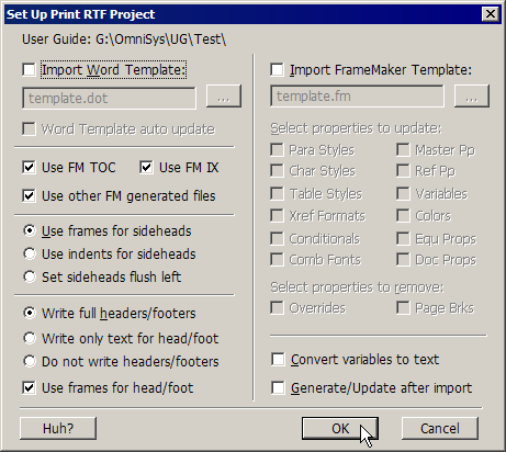 Set Up Print RTF Project dialog Set Up Print RTF Project dialog